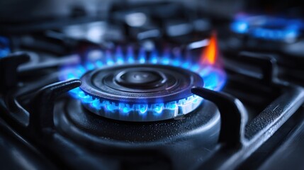 Gas stove burner lit with blue flames on a dark metallic surface.