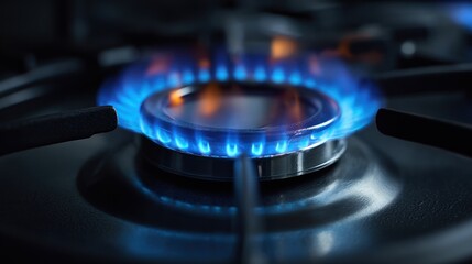 Blue flame burning on a gas stove burner close up cooking appliance.
