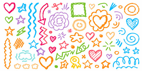 Hand-drawn doodles in colourful ink on a white background. 