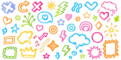 Hand-drawn doodles in colourful ink on a white background.