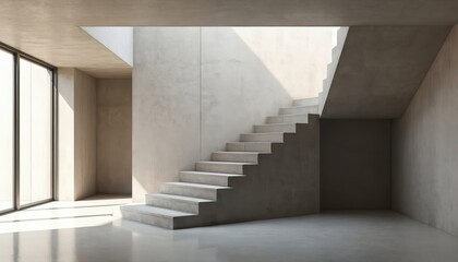 Obraz premium Modern minimalist concrete stairwell interior design. Empty space, geometric shapes, strong shadows. Architecture, building, contemporary, simple style. Grey walls, lines, floor. Industrial