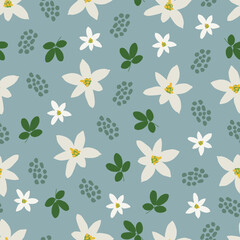 Grass lily flowers seamless pattern. Floral vector surface design of garden star of Bethlehem flowers and leaves