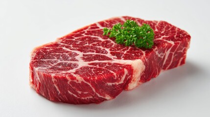 Raw steak with marbling and parsley garnish on a white surface.
