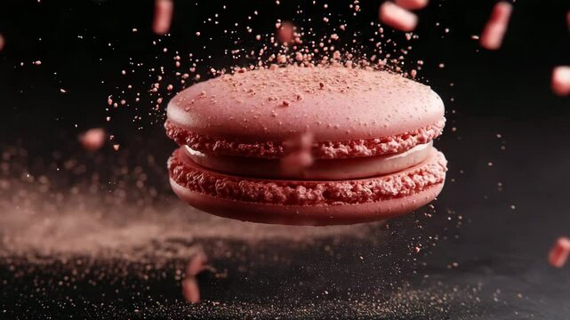 Red macaron floating with sprinkles and cocoa powder in air  