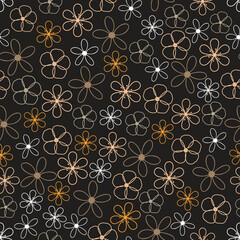 Linocut flowers seamless pattern. Dark floral vector surface design of line art flowers