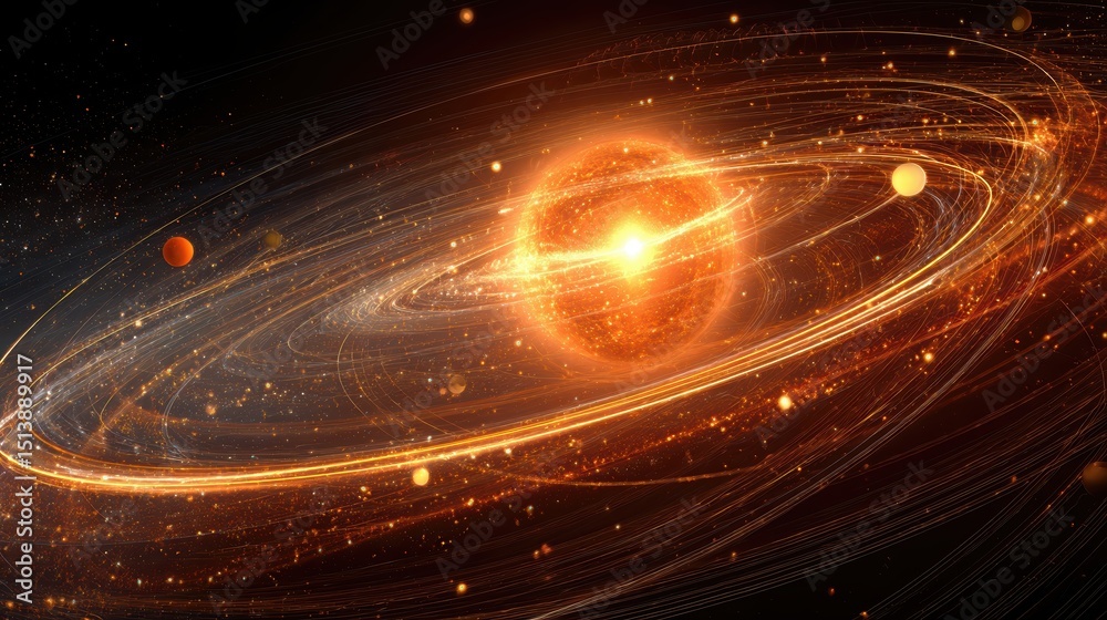 Poster Artistic Depiction of the Solar System as an Atom With Planets in Visible Time Streams