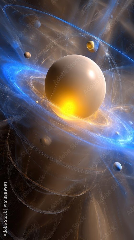 Aufkleber Artistic Representation of Solar System as an Atom With Planets Orbiting Through Time Streams