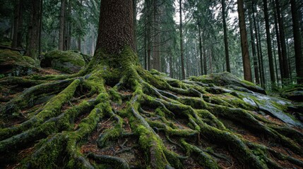 Tree roots covered in moss spread across a forest floor.