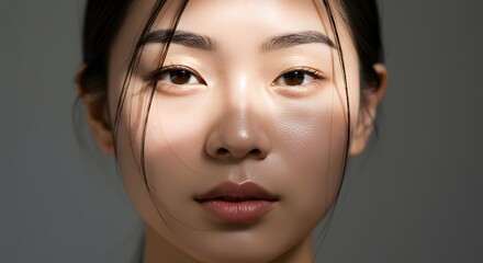 Fototapeta premium A woman stands in a calm indoor space, showcasing her beautiful, radiant skin. Natural light gently highlights her features, creating a soft glow that emphasizes her unique beauty