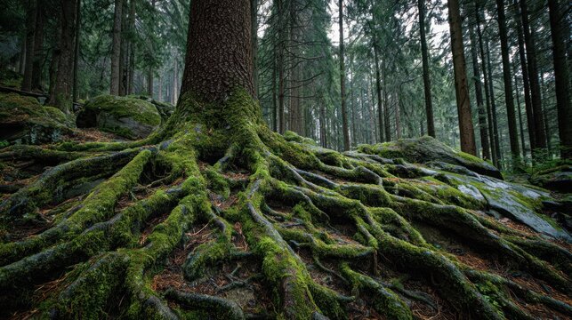 Tree roots covered in moss spread across a forest floor. - Powered by Adobe