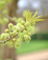 Fototapeta premium Chestnut Tree Branches Are Adorned With Fresh Green Leaves and Blossoms in Spring