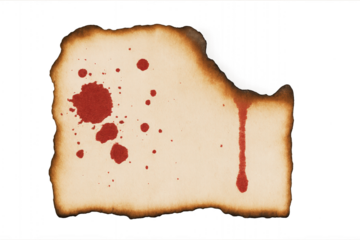 Singed paper with blood splatters and dripping effect, transparent background, ideal for horror themes