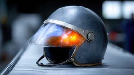 Close up of a Futuristic Helmet Featuring Augmented Reality Display With Hazard Detection Data
