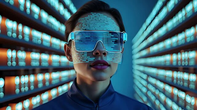 Woman wearing futuristic data visor displaying digital code standing between rows of glowing servers in a high-tech environment with blue light

