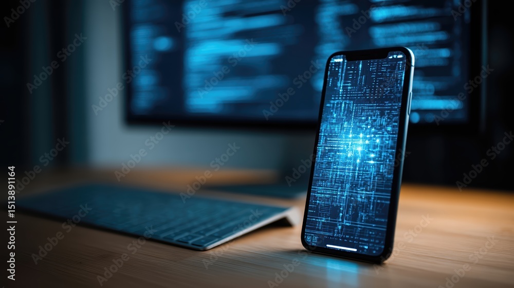 Poster Modern Smartphone Displaying Digital Interface in Dark Mode With Computer in Background