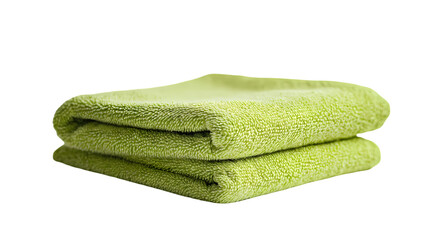 A close up of a stack of two folded light green terry cloth towels  studio shot isolated on transparent background