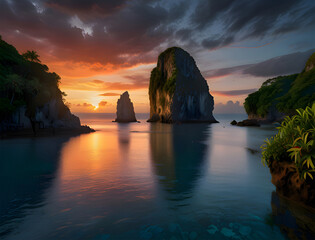 A Breathtaking Sunset Over a Peaceful Tropical Cove, Where Towering Cliffs, Lush Greenery, and Crystal-Clear Waters Reflect the Fiery Sky for travel.  