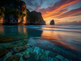 A Breathtaking Sunset Over a Peaceful Tropical Cove, Where Towering Cliffs, Lush Greenery, and Crystal-Clear Waters Reflect the Fiery Sky for travel.  