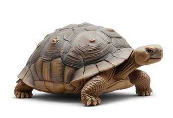 Obraz premium Large African Spurred Tortoise with Textured Shell, Captured in Full Profile and Isolated on a Clean White Background