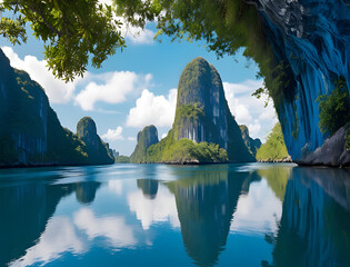 A Breathtaking Sunset Over a Peaceful Tropical Cove, Where Towering Cliffs, Lush Greenery, and Crystal-Clear Waters Reflect the Fiery Sky for travel.  