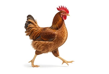 Fototapeta premium Majestic Brown Rooster Striding Confidently, Isolated on White Background with Dynamic Pose, Ideal for Farm, Livestock, or Rural Themes