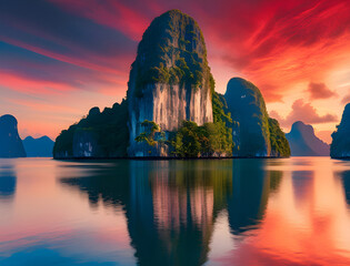 A Breathtaking Sunset Over a Peaceful Tropical Cove, Where Towering Cliffs, Lush Greenery, and Crystal-Clear Waters Reflect the Fiery Sky for travel.  