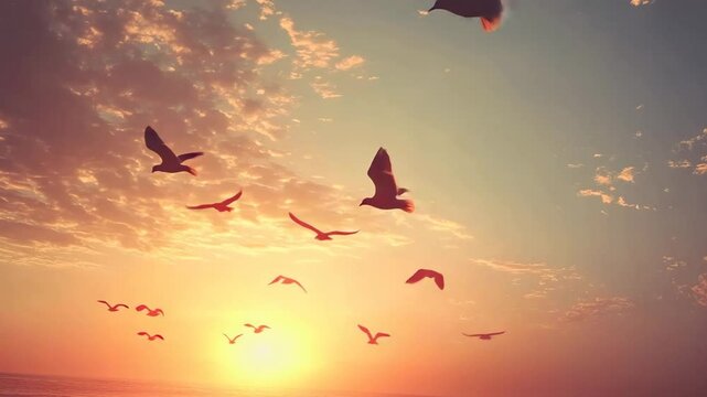 Flock of birds flying against sunset sky with soft clouds  
