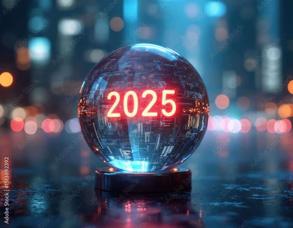 Aufkleber Futuristic data visualization for analyzing stock market trends in 2025. Tech sphere digital globe with glowing 2025 numeral with city lights background. Innovation investment finance.
