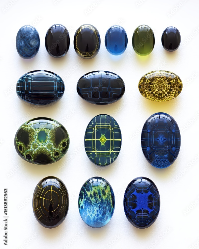 Poster Unique Fractal Gemstones Arranged on a White Surface Showcasing Intricate Patterns and Colors