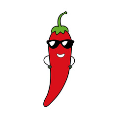 Red Chili Pepper with Sunglasses and Steam Puffs Around Flat vector illustration