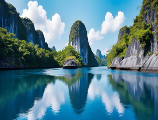 A Breathtaking Sunset Over a Peaceful Tropical Cove, Where Towering Cliffs, Lush Greenery, and Crystal-Clear Waters Reflect the Fiery Sky for travel.  