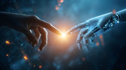 Futuristic scene of human and robotic hands reaching to touch, glowing blue and orange neon, perfect for tech or AI design projects.