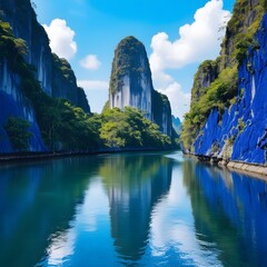 A Breathtaking Sunset Over a Peaceful Tropical Cove, Where Towering Cliffs, Lush Greenery, and Crystal-Clear Waters Reflect the Fiery Sky for travel.  