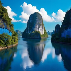 A Breathtaking Sunset Over a Peaceful Tropical Cove, Where Towering Cliffs, Lush Greenery, and Crystal-Clear Waters Reflect the Fiery Sky for travel.  