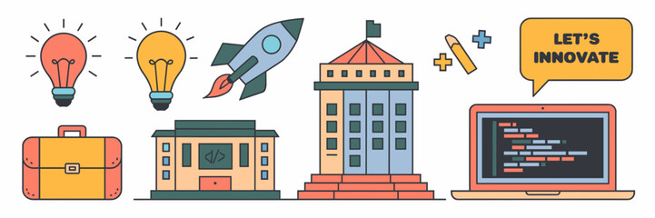 Startup-themed vector icon sheet with lightbulb, rocket, laptop, and briefcase – Ideal for tech branding, innovation campaigns, or entrepreneurial content.