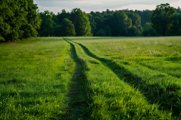 Obraz premium A grassy path winds through a vibrant green field, leading the eye towards the distant trees under a gentle, overcast sky.