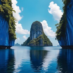 A Breathtaking Sunset Over a Peaceful Tropical Cove, Where Towering Cliffs, Lush Greenery, and Crystal-Clear Waters Reflect the Fiery Sky for travel.  