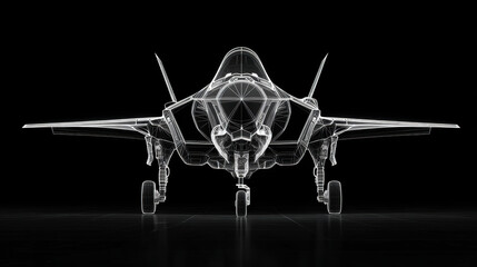 Wireframe illustration of modern fighter jet showcases its sleek design and advanced aerodynamics against black background. detailed lines highlight aircraft structure