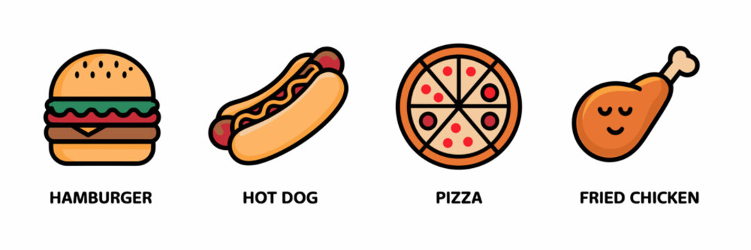 American food vector icons with hamburger, hot dog, pizza, and fried chicken – Perfect for fast food branding, diner menus, or snack-themed content