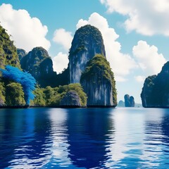 A Breathtaking Sunset Over a Peaceful Tropical Cove, Where Towering Cliffs, Lush Greenery, and Crystal-Clear Waters Reflect the Fiery Sky for travel.  