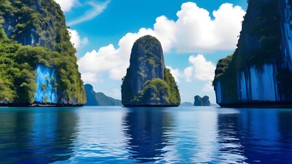 A Breathtaking Sunset Over a Peaceful Tropical Cove, Where Towering Cliffs, Lush Greenery, and Crystal-Clear Waters Reflect the Fiery Sky for travel.  