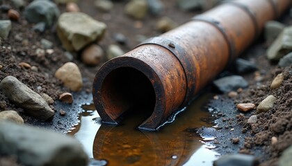Broken rusty pipe leaking water in outdoor trench. Sewer damage underground infrastructure, burst main with earth, rocks. Plumbing, drainage system repair, sewage problems. Construction.