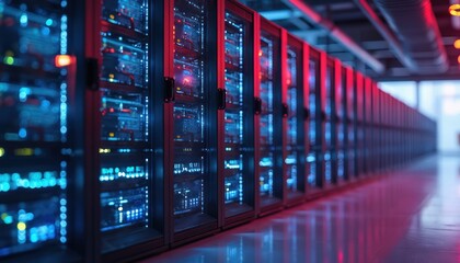 Illuminated server racks in data center. Blue, pink, purple lights. Modern tech infrastructure, digital processing, network storage. Innovative future technology, business, data security. Cyber,