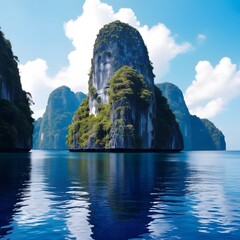 A Breathtaking Sunset Over a Peaceful Tropical Cove, Where Towering Cliffs, Lush Greenery, and Crystal-Clear Waters Reflect the Fiery Sky for travel.  