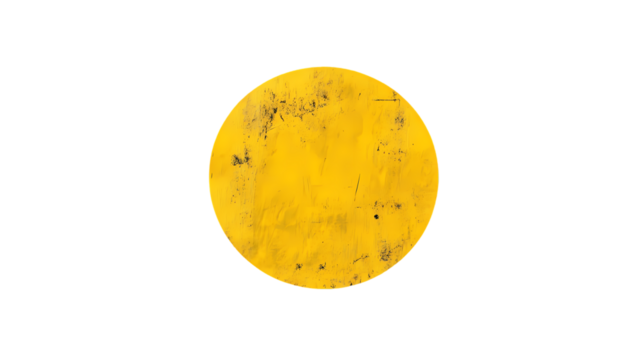 A close up of a slightly distressed yellow circular object   space around it isolated on transparent background