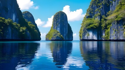 A Breathtaking Sunset Over a Peaceful Tropical Cove, Where Towering Cliffs, Lush Greenery, and Crystal-Clear Waters Reflect the Fiery Sky for travel.  