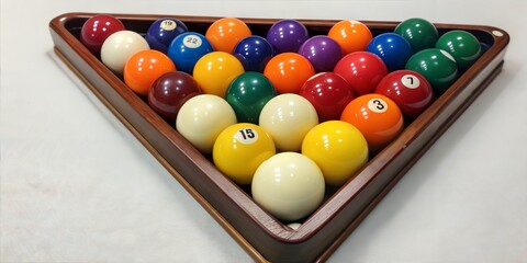 Set of multicolored billiard balls in triangle shape, top-down view.