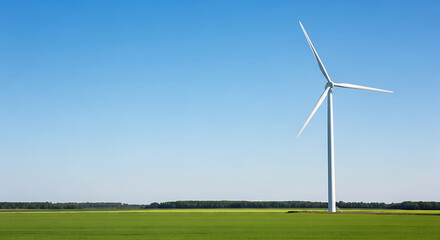 Wind turbine stands tall against a clear blue sky in the countryside