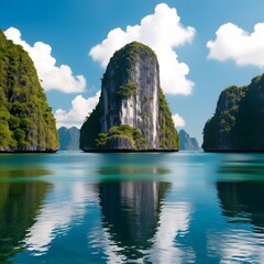 A Breathtaking Sunset Over a Peaceful Tropical Cove, Where Towering Cliffs, Lush Greenery, and Crystal-Clear Waters Reflect the Fiery Sky for travel.  