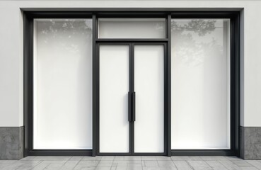 Modern minimalist exterior with black framed window, door. White walls, empty space suitable for product showcase, business display, advertising, banner, text logo, mockup. Contemporary architecture,
